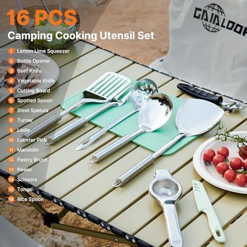 GAIALOOP Camping Cooking Utensils Set 16 PCS Camp Kitchen Cookware Kit with Organizer Bag, Portable RV Camping Essentials Camper Must Haves for Cookouts Open Fire Pit - Thumbnail 2