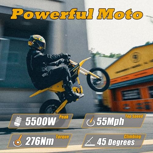 Tasaca V58 Electric Dirt Bike with 5500W Peak Motor, 55Mph Top Speed, 52V 30Ah, 276Nm Max Torque, 5-Speed Modes, UL Certified Off-Road Motorcycle for Teens & Adults (Track Yellow) - Thumbnail 4