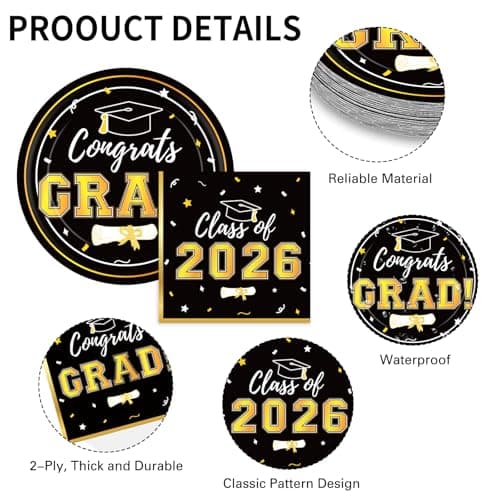 Graduation Decorations 2026 Class of 2026 Congrats Grad Disposable Paper Plates Luncheon Napkins Cocktail Napkins Black Gold Graduation Party Supplies Serve 50 - Thumbnail 5
