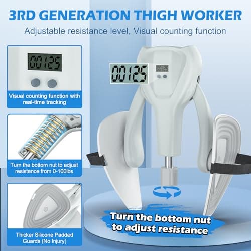 3rd Gen Thigh-Train 0-100 lbs Adjustable Resistance Inner Thigh-Train Exercising Counter with Leg Straps Band Pelvic Floor Kegel Hip Exercise Workout Equipment Pilates Women Men (White) - Thumbnail 2