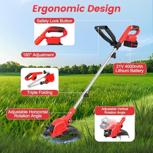 21V Weed Wacker Cordless String Trimmer with 2x4.0Ah Batteries & Fast Charger, 12" Automatic Feed Grass Trimmer, 2-in-1 Electric Weed Eater for Garden Edge Lawn Tool - Thumbnail 2