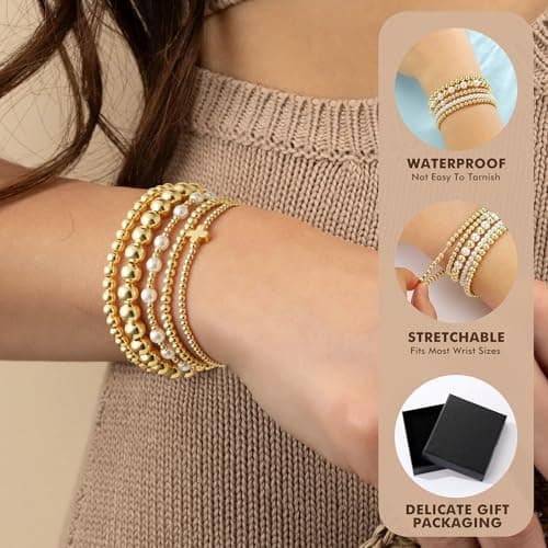 Yoosteel Gold Beaded Bracelets Set for Women - Valentines Gifts for Her Kids 14k Gold-Plated Dainty Round Bead Cross Pearl Bracelet for Women Teenage Girl Gifts Stackable Bracelet Jewelry 5 PCS - Thumbnail 5