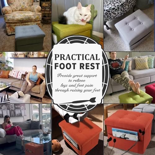 LINMAGCO Storage Ottoman Folding Foot Stool Foot Rest with Side Pocket Modern Ottoman with Storage Short Sofa Stool Linen Cloth 17x13x13(Purple) - Thumbnail 3