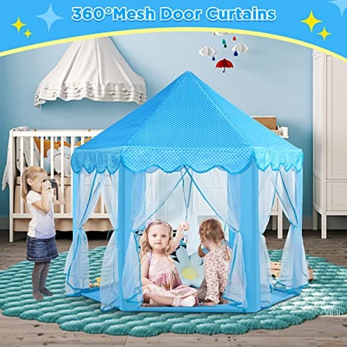Monobeach Princess Castle Playhouse for Girls - Large Kids Tent with Star Lights for Indoor & Outdoor Play, 55'' x 53'' (DxH) (Blue Princess Tent with Little Star Lights) - Thumbnail 6