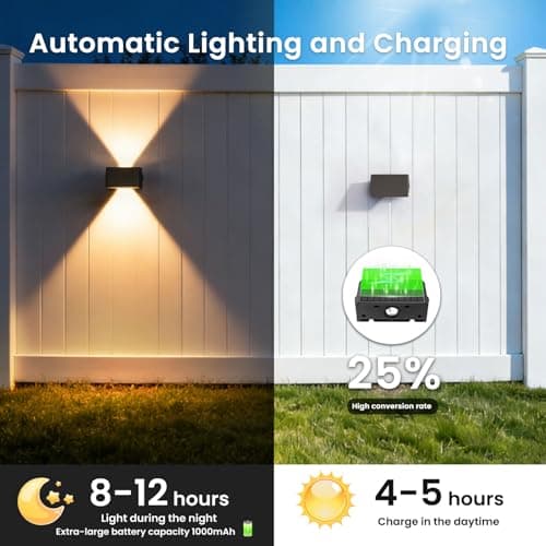 Solar Fence Lights Outdoor, 10 Pack Warm White Up and Down Solar Wall Lights, IP67 Waterproof LED Dusk to Dawn Solar Powered Fence Lights for Patio, Backyard, Deck, Garden, Yard, Outdoor Wall Decor - Thumbnail 3