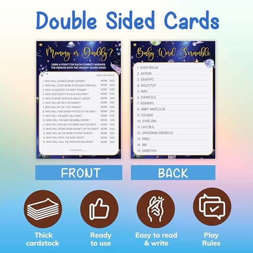 Woodamore Funny Baby Shower Games For Boy Girl - Space Baby Bingo Cards Word Scramble Mommy Or Daddy Game Activities, Over The Moon Shower Decorations - Thumbnail 3