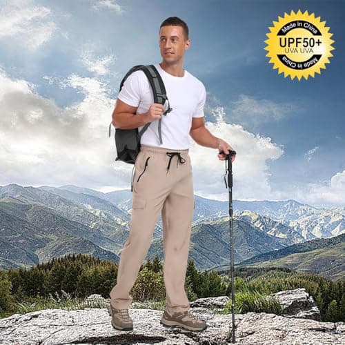 Mens Cargo Hiking Pants with 4 Pockets Waterproof Quick Dry Elastic Waist Drawstring UPF 50+ Lightweight Work Casual Travel Golf Workout Gym Khaki L - Thumbnail 3