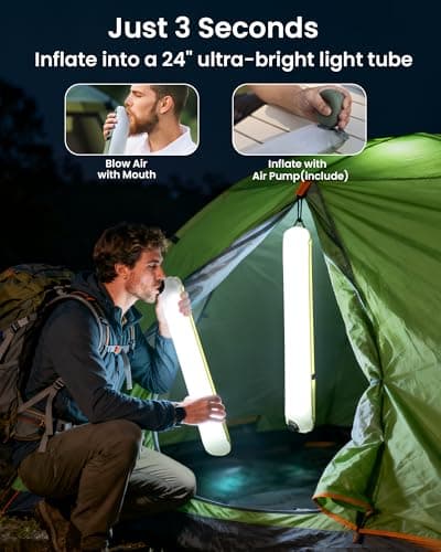 24" Inflatable Solar Camping Lantern,Magnetic LED Tube Light with USB-C 2000mAh Phone Charger,IP66 Waterproof TPU Tent Light for Hurricane Emergency,Backpacking & Off-Grid Survival (Green) - Thumbnail 3