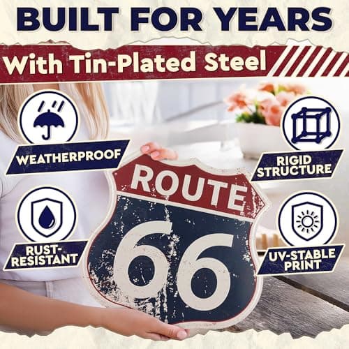 Route 66 Sign - Easy to Hang Tin Signs Vintage Style 12×12 Inch | Route 66 Decor For Bedroom, Man Cave, Garage, Workshop, Bar, Cafe - Retro Road Signs Cars Wall Decor for Gifting and Party Decoration - Thumbnail 3