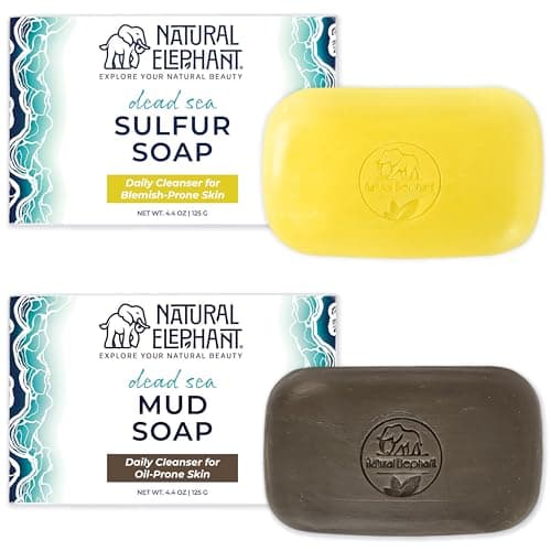 Natural Elephant Dead Sea Sulfur Soap 4.4 oz with Dead Sea Salt, Aloe Vera, Sulphur Face and Body Bar for All Skin Types (1 Sulfur + 1 Mud Soap (2 Bars Total)) - Image 1