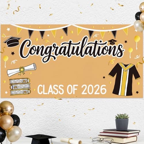 2026 Graduation Decorations - Graduation Banner DIY - Class of 2026 Congratulations Congrats Banner, 61 x 32 Inch Black and Gold Photo Backdrop for Kindergarten High School College Party Wall Decor - Thumbnail 5