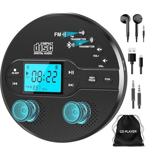 Sunoony Portable CD Player with Bluetooth, Walkman CD Player with FM Transmitter and Speakers for Car, Rechargeable Discman with Anti-Skip Protection, Headphones, LCD Display (Black) - Image 1