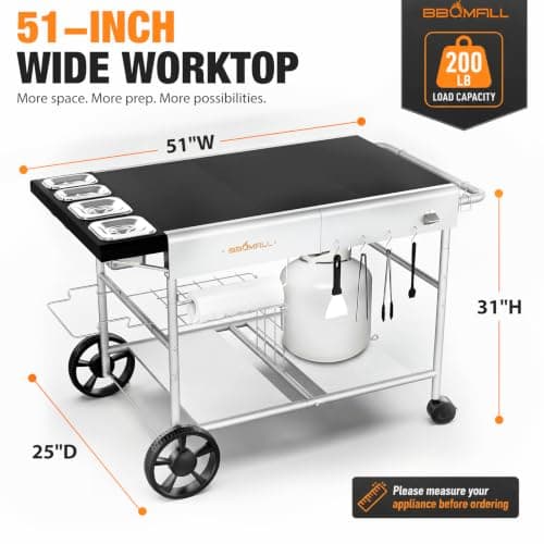BBQMall Pizza Oven Table Grill Cart with Topping Station, Grill Table Stand with Wheels for Ninja, Blackstone Griddle, Ooni, Gozney, Cuisinart, Heavy Duty BBQ Prep Cart with Storage Shelf and Hooks - Thumbnail 3