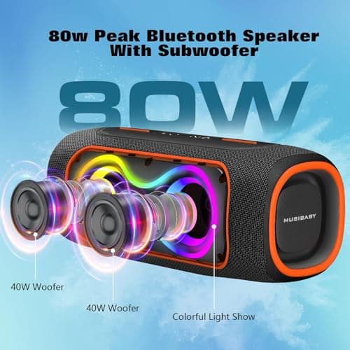 Musibaby 80W Bluetooth Speaker, Loud Portable Wireless Speaker with Deep Bass, Waterproof Outdoor Speaker with RGB Lights for Camping, Beach & Party, 24H Playtime, BT5.3, Dual Pairing - Thumbnail 2