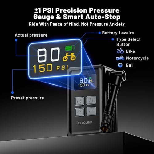 EXTOLINK Mini Bike Tire Pump,150PSI Inflate Electric Bike Pump with Gauge - Thumbnail 3