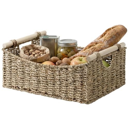 StorageWorks Large Wicker Baskets for Organizing, Seagrass Storage Baskets with Handles, Woven Baskets for Pantry Storage, 15" x 11" x 6¾", 1-Pack