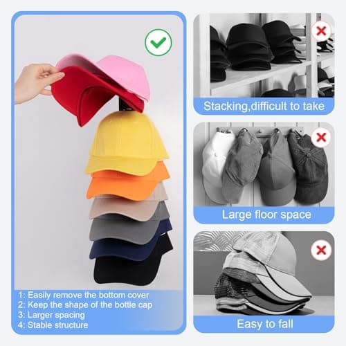 Hat Organizer for Baseball Caps, 2 Pack Hat Rack for Wall Hold up to 18 Hats Strong Adhesive Hat Hooks Stand Multilayer Hat Hanger Organizer Storage Holder Display for Door Closet Bedroom（Black) - Thumbnail 2