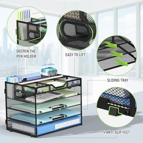 Docnest 5 Tier Mesh Desk Organizer with Adjustable Compartments - Stackable Letter Tray with Built-in Pen Holder & Handles - Desktop File Storage for Office, Home, School Supplies - Black - Thumbnail 5