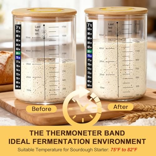 Sourdough Starter Jar, 50 oz Large Sourdough Jar with Time Keeper, Thermometer, Scraper, Wide Mouth Glass Sourdough Starter Kit for Beginners and Professional Bakers - Thumbnail 6