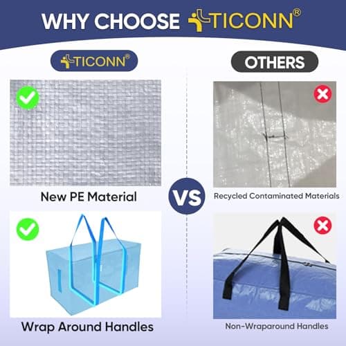 TICONN 6 Pack Extra Large Moving Bags Heavy Duty with Zippers & Carrying Handles, Durable Storage Bags Moving Boxes for Closet Organizers and Storage (6 Pack, Sky Blue) - Thumbnail 4