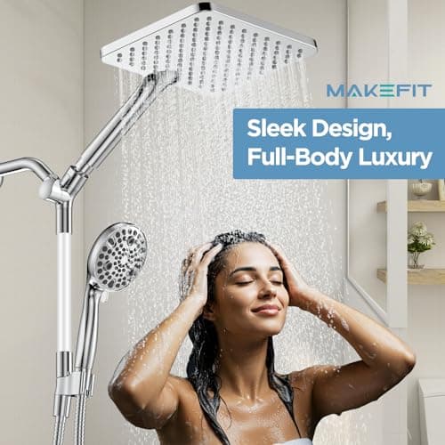 Dual Handheld Shower Head Combo, 2-in-1 Rain Shower Heads System Wide Rainfall Shower Head and 10 Modes High Pressure Hand Held Showerhead with Built-in Power Wash - Chrome - Thumbnail 2