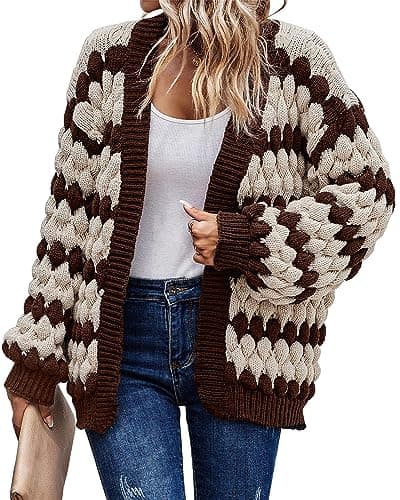 KIRUNDO Women's Cardigan Sweater 2026 Fall Winter Open Front Long Sleeve Cable Knit Color Block Striped Cardigan Casual Oversized Sweater Jacket Outwear(Coffee, Medium) - Image 1