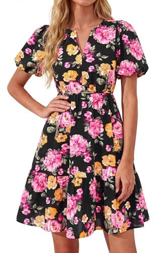 dowerme Women Summer Casual Dresses 2026 Puff Short Sleeve V Neck Floral Boho Midi Dress Flowy Ruffle Spring Sundress(Black Big Flower,X-Large) - Image 1