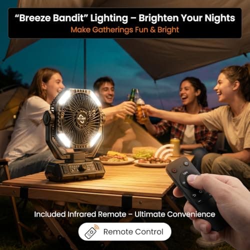 BINUYASHA Rechargeable Camping Fan with 20000mAh Battery, 8-Speed Stepless Control, Remote, Auto Oscillating, Dual LED Light & Timer, Hanging Hook for Tent, Beach, Power Outage - Thumbnail 6