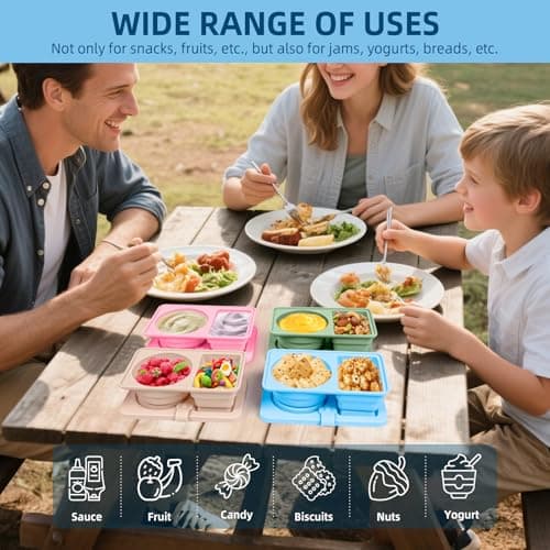 Tywop 4-Pack Silicone Reusable Snack Containers with Lids | 2 Compartment Leak-Proof Snack Bento Boxes for Kids, Portable Small Food Storage Containers for School, Office, Travel, Picnic Fruits - Thumbnail 4