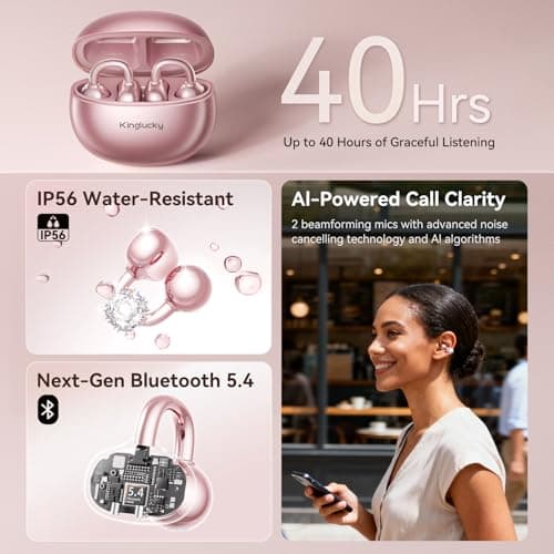 Kinglucky Clip-On Open Ear Earbuds with Detachable Diamond Earrings, Bluetooth 5.4 Open Ear Wireless Headphones for Women, 40H Playtime, Comfortable Small-Ear Fit, Rose Gold - Thumbnail 6