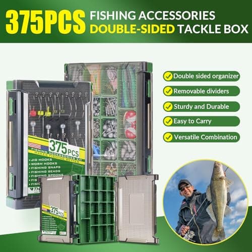 THKFISH 375pcs Fishing Accessories Kit, Double sided Organized Fishing Tackle Box with Tackle Included Hooks, Weights Sinkers, Bass Fishing Gear Gifts - Thumbnail 3