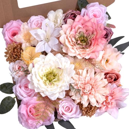AKAUKIN Light Pink Artificial Flowers Combo, Fake Silk Dahlia Roses Bulk with Stems Box Mix for Wedding Bridal Bouquets, Baby Shower, Party, Table Centerpieces, Home Decor & DIY Floral Arrangements