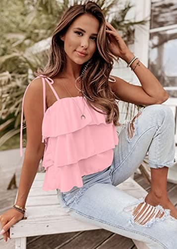 KIRUNDO Spaghetti Strap Ruffle Babydoll Peplum Tank Tops for Women 2026 Summer Cute Flowy Beach Vacation Cruise Outfits(Pink, Large) - Thumbnail 3