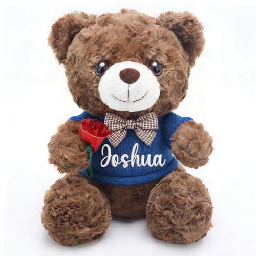 OELTTG 12in Customized Teddy Bear Gift with Rose - Easter Basket Stuffers, Personalized Plush Bear with Embroidered Name, 3 Colors & 9 Outfits | Perfect Easter Birthday Gift for Kids - Image 1