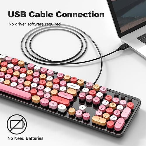 Atelus USB Wired Computer Keyboard - Retro Typewriter Keyboard - Full Size Office Keyboard with Number Pad, Caps Indicators, Foldable Stands, for PC Laptop Desktop Windows (Black Colorful) - Thumbnail 2