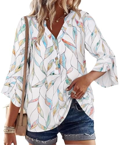 LOOKBOHO Womens Tops 3/4 Sleeve Dressy Casual Peplum Leaf Print Boho Blouses Ruffle Sleeve Button V-Neck Shirts White&Green S - Image 1