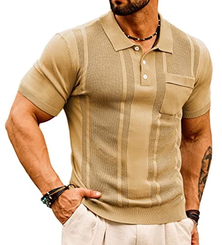 GRACE KARIN Mens Knitted Polo T Shirt Short Sleeve Slim Fit Tee Shirts Business Casual Summer Fashion T-Shirt Khaki M