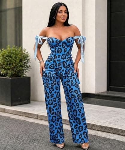knowfashionstyle Sexy 2 Piece Sets For Women Going Out Sleeveless Croset Top And Wide Leg Pants Set Party Birthday Outfits BlueLeopard S - Thumbnail 2