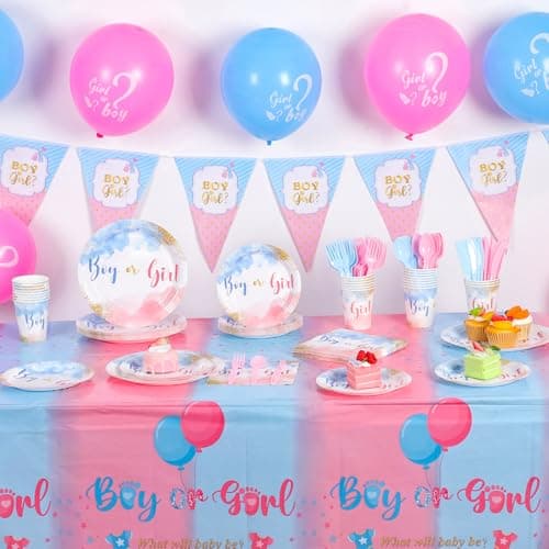 Xiangqu 175 Pcs Gender Reveal Plates and Napkins, Boy or Girl Gender Reveal Party Decorations Includes Gender Reveal Paper Plates Napkins Cups Plastic Cutlery for Baby Reveal Party,Serves 25 - Thumbnail 6