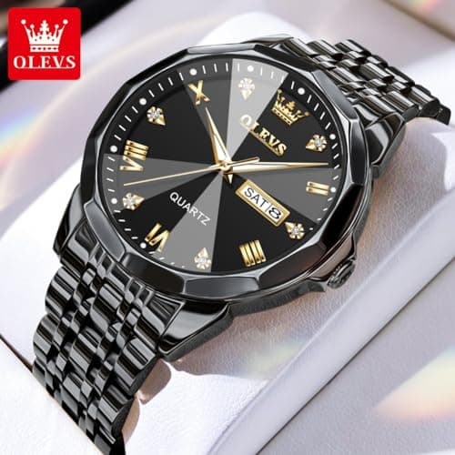 OLEVS Watch Mens Black Watches for Men Diamnond Dial Luxury Stainless Steel Watch for Men All Black Reloj - Thumbnail 2