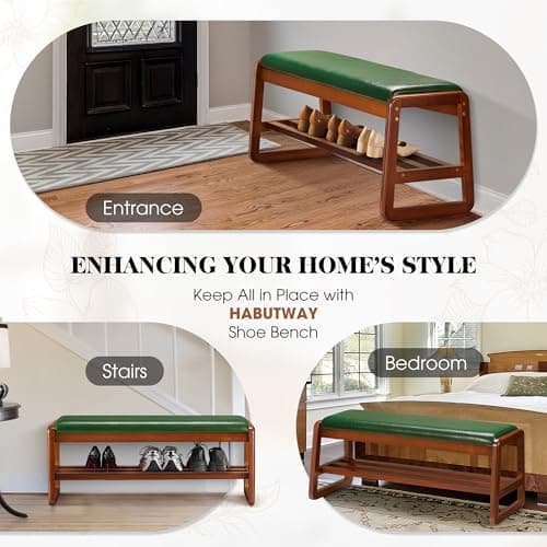 HABUTWAY Solid Wood Shoe Rack, Entryway Shoe Bench with Cushion, 2 Tier Shoes Organizer for Entryway, Hallway, Living Room-(Green,39.37"-L) - Thumbnail 5