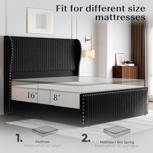 Belffin Queen Size Bed Frame with 55" Headboard Nailhead Trim Design, Black - Thumbnail 4