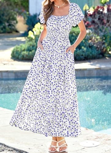 BTFBM Summer Dress for Women 2026 Spring Floral Short Sleeve Casual Flowy A-Line Smocked Tiered Maxi Dresses Pockets(Floral White Blue, X-Large) - Thumbnail 4