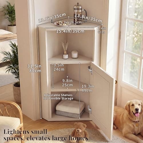 Corner Storage Cabinet for Bathroom, Small Triangle Cabinet with Rattan Doors, 750kg/m³ High-Density MDF Organizer, 90° Narrow Floor Cabinet with Adjustable Shelves, Anti-Tip Farmhouse Accent Unit - Thumbnail 2