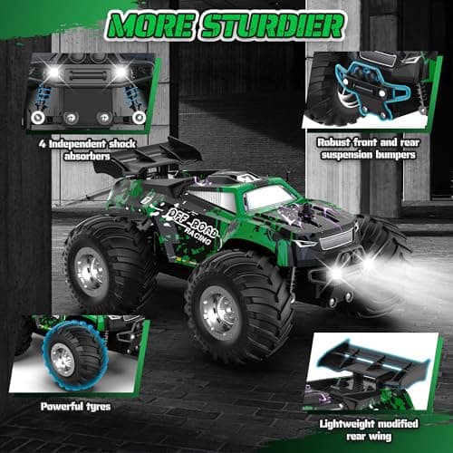 Barlisam Remote Control Car, All-Terrain Remote Control Truck for Boys 8-12, Headlight, Dual Motors, 1:20, 10KM/H, 2.4GHZ, Speed-Friendly, Sturdy, Rechargeable RC Cars for Beginner, Kids 6+(Green) - Thumbnail 6