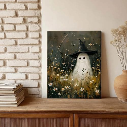 Vintage Cute Ghost Canvas Wall Art Funny Ghost with Witch Hat Poster Prints Wildflower Field Halloween Spooky Gothic Dark Academia Wall Decor Pictures 12x16in - Thumbnail 5