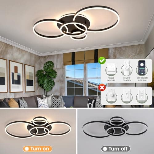 Modern LED Ceiling Light Black Flush Mount Ceiling Light Dimmable Dining Room Light Fixtures with Remote Acrylic Rings Kitchen Lighting Fixtures Ceiling Lamp for Living Room Bedroom (Black, 4 Rings) - Thumbnail 4
