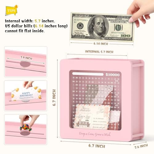 Summidate Wooden Money Saving Box, 10000 Challenge Cash Vault Savings Box with Tracker Stickers and Removable Windows, Reusable Piggy Bank for Adults & Kids, Birthday/Baby Shower/Wedding Gift - Thumbnail 3