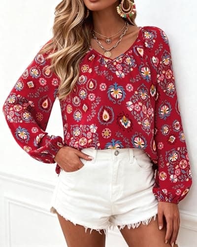 Zenlonr Womens Fall Tops Dressy Casual 2025 V Neck Satin Silk Printed Shirts Boho Long Sleeve Work Blouses(Floral Wine Red Blue,Large) - Thumbnail 3