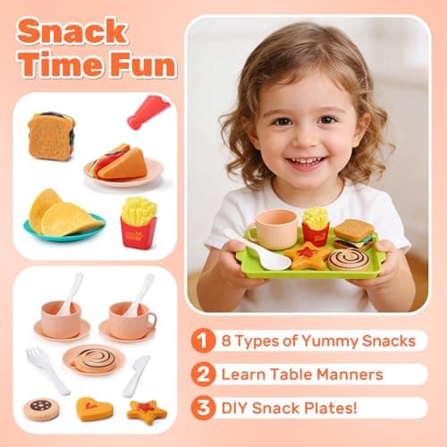 CUTE STONE 70+ PCS Kids Play Kitchen Accessories, Pretend Cooking Toys with Peelable & Cuttable Play Food, Cookware, Tableware & Utensils, Shopping Basket, Tray, Educational Gift for Girls & Boys - Thumbnail 6